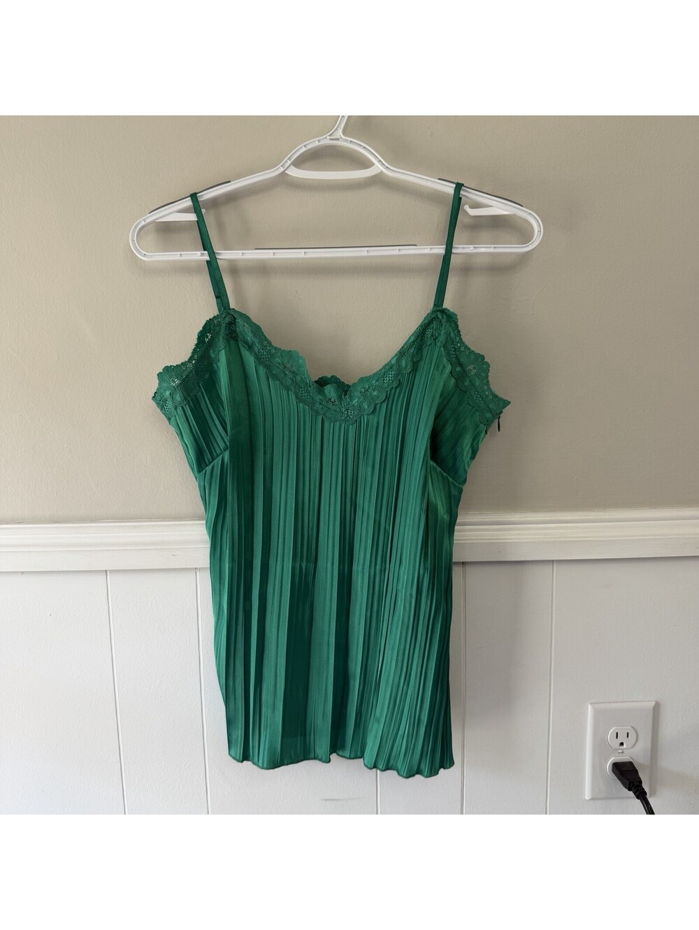 VTG Y2K Rampage Green Lace Trim Camisole Tank Pleated USA Whimsygoth Sz M